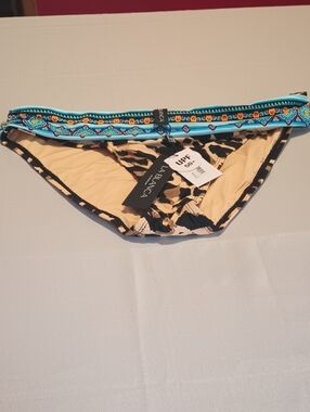 La Blanca Women's Tan Leopard Bikini Bottom with Turquoise Trim